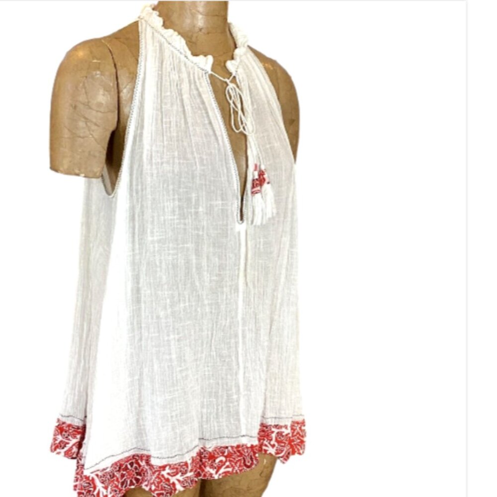 Free People Feel The Heat Gauze Tunic Top XS White &‎ Red #151V - Picture 3 of 11